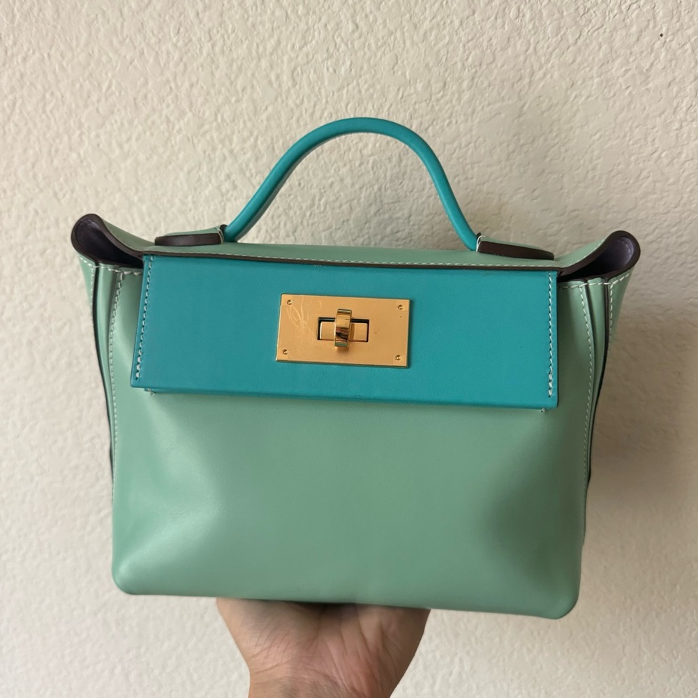 LEATHER INSIDE & OUT Bright Aqua Green Mini 2424 Satchel Convertible Bag S12/R2